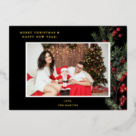 ホリーベリーHフォトホリデーまたはクリスマス – ブラック 箔招待状