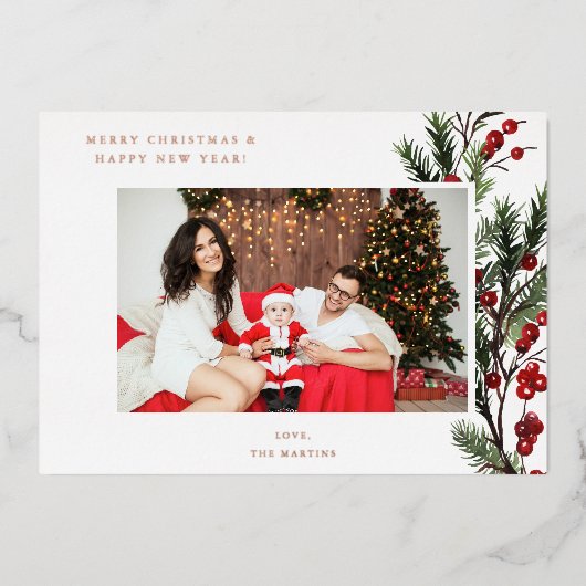ホリーベリーHフォトホリデーまたはクリスマス 箔招待状 (正面)