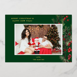 ホリーベリーHフォトホリデーまたはクリスマス – 緑 箔招待状