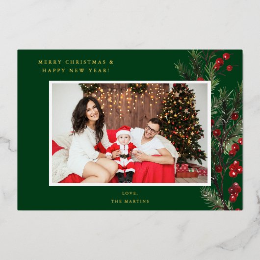 ホリーベリーHフォトホリデーまたはクリスマス – 緑 箔招待状 (正面)