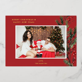 ホリーベリーHフォトホリデーまたはクリスマス – 赤 箔招待状