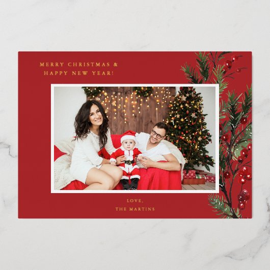 ホリーベリーHフォトホリデーまたはクリスマス – 赤 箔招待状 (正面)