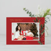 ホリーベリーHフォトホリデーまたはクリスマス – 赤 箔招待状 (立ち正面)