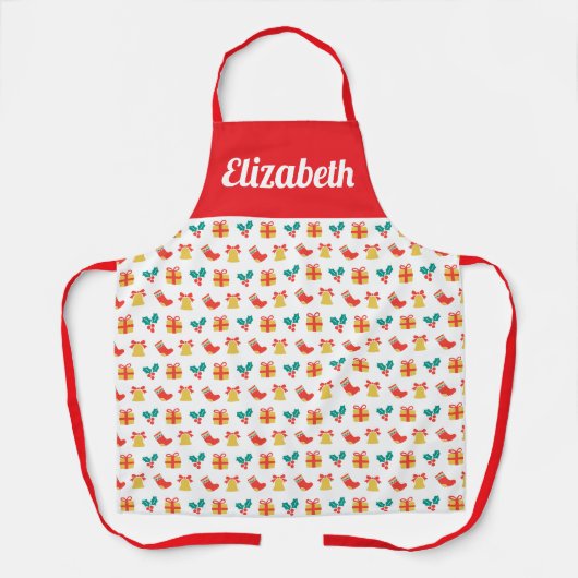 ホリーベルクリスマスストッキングパターン名前をカスタムする エプロン (正面)