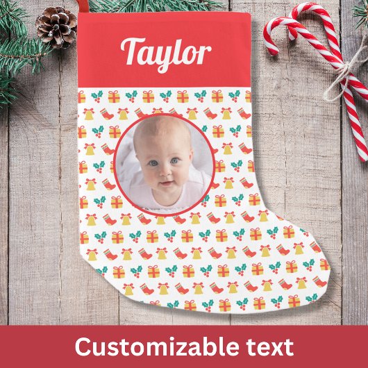 ホリーベルストッキングパターカスタムン文字名写真 スモールクリスマスストッキング