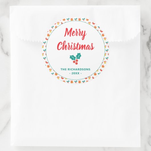 ホリーベルストッキングパターンメリークリスマスネーム ラウンドシール (バッグ)