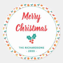 ホリーベルストッキングパターンメリークリスマスネーム ラウンドシール
