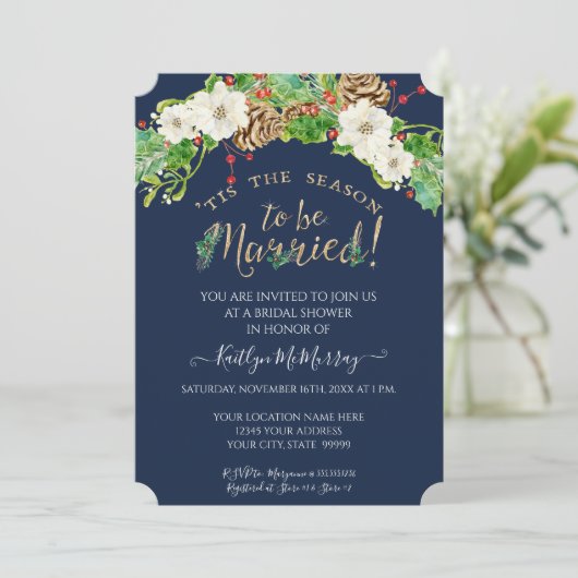 ホリーホワイトフローラネイビークリスマスブライダルシャワー 招待状 (スタンド正面)