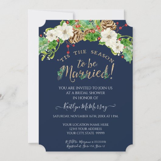ホリーホワイトフローラネイビークリスマスブライダルシャワー 招待状 (正面)