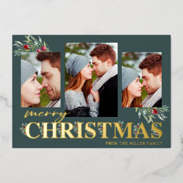 ホリーメリークリスマスホリデーフォトコラージュ 箔シーズンカード