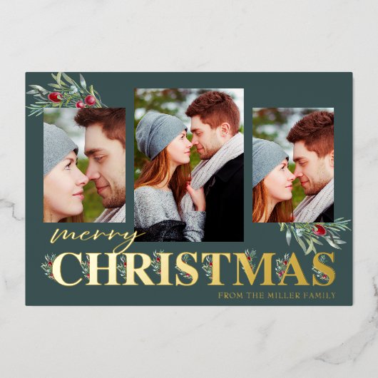 ホリーメリークリスマスホリデーフォトコラージュ 箔シーズンカード (正面)