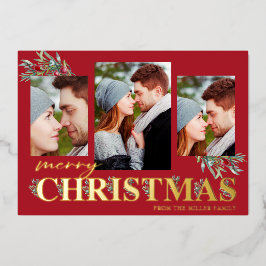 ホリーメリークリスマスホリデーフォトコラージュ 箔シーズンカード