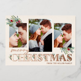 ホリーメリークリスマスホリデーフォトコラージュ 箔シーズンカード