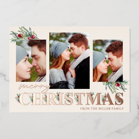 ホリーメリークリスマスホリデーフォトコラージュ 箔シーズンカード (正面)