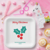 ホリーメリークリスマスレッドホワイトグリーン名前をカスタムする ペーパープレート (パーティー)