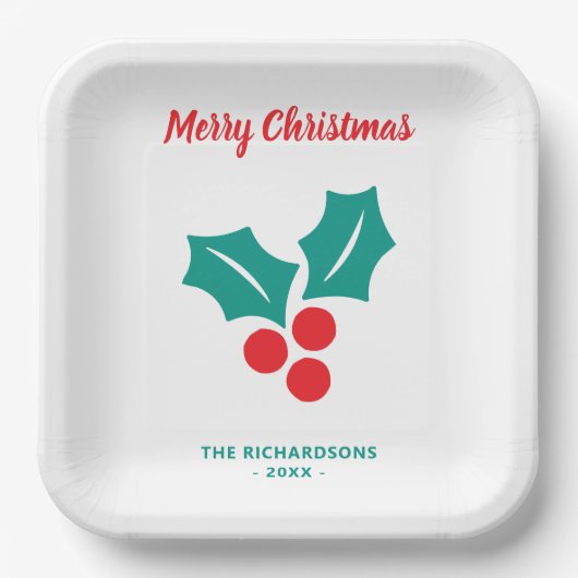 ホリーメリークリスマスレッドホワイトグリーン名前をカスタムする ペーパープレート (正面)