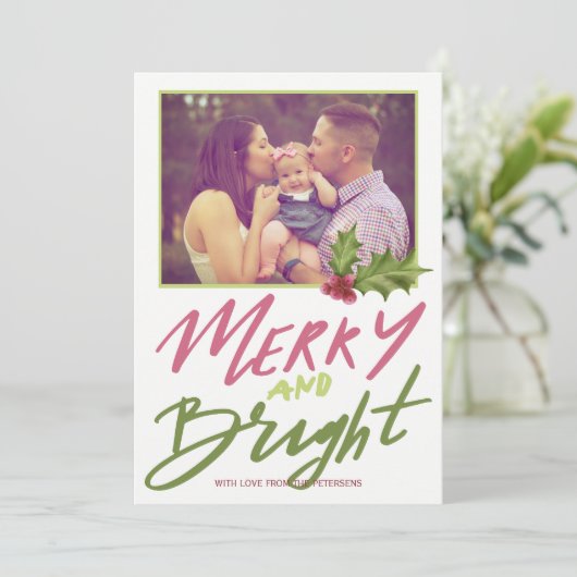 ホリーメリーベリーと明るいピンクの緑のスクリプトの写真 シーズンカード (スタンド正面)