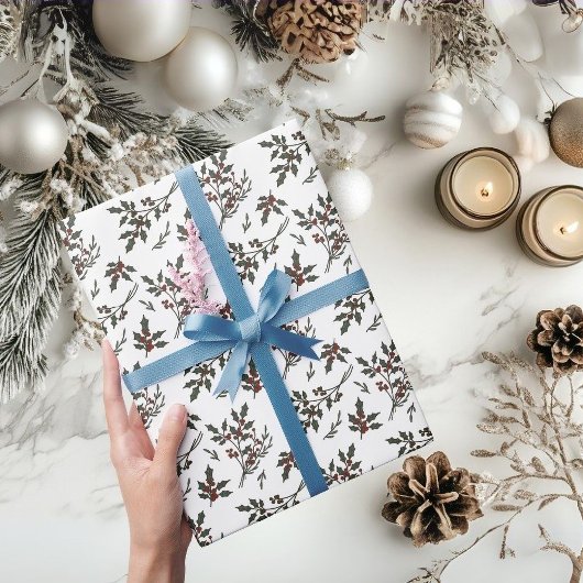 ホリーモダンクリスマスプラントベリー冬白 ラッピングペーパー