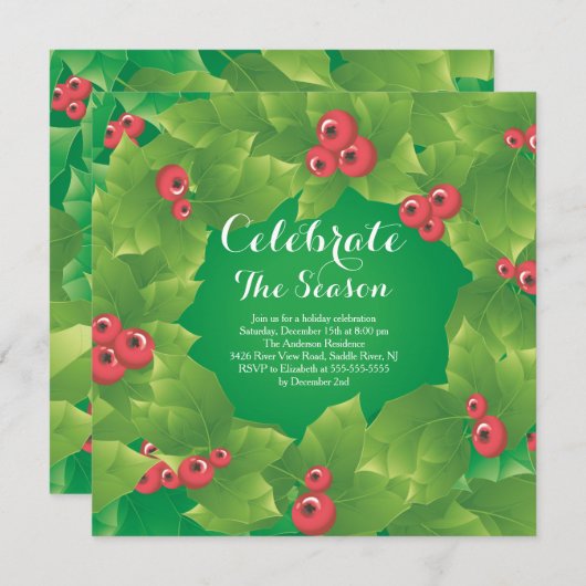 ホリーモダンフレームホリデーパーティー招待状 招待状 (正面/裏面)