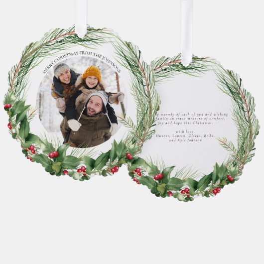 ホリーモダンベリーメリークリスマスフォトリース オーナメントカード (正面/裏面)