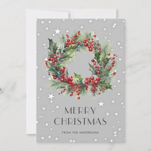 ホリーモダンベリーリースメリークリスマスカード シーズンカード (正面)