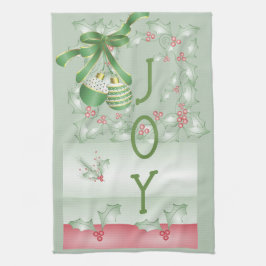 ホリーライトグリーンピンククリスマスの枝 キッチンタオル