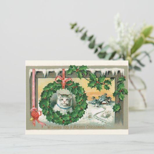 ホリーリースのヴィンテージクリスマスキャットカード シーズンカード (スタンド正面)