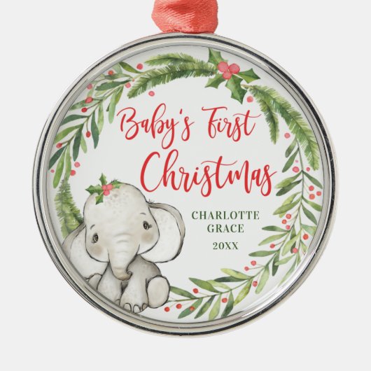ホリーリースエレファントベビーの初めてのクリスマス メタルオーナメント (正面)
