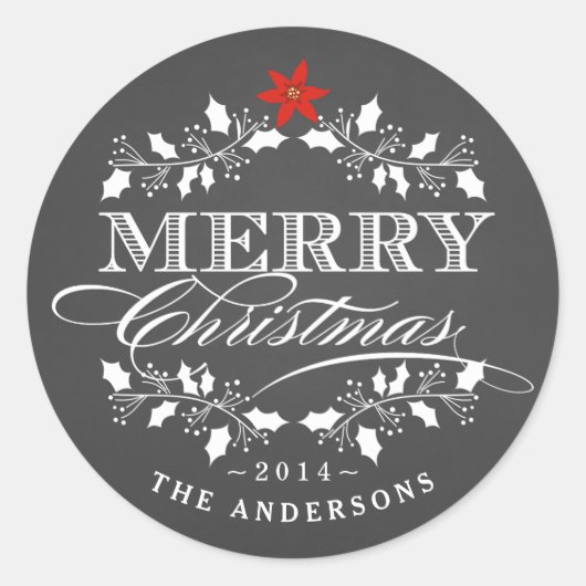 ホリーリースクリスマスシャルクボードタイポグラフィラベル ラウンドシール (正面)