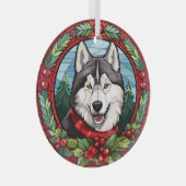 ホリーリースシベリアハスキードッグクリスマス ガラスオーナメント (正面右)