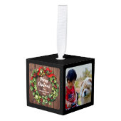 ホリーリースパーソナライズされた3フォトコラージュ キューブオーナメント (正面アングル)