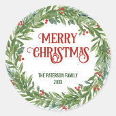 ホリーリースファミリー名クリスマスホワイト ラウンドシール (正面)