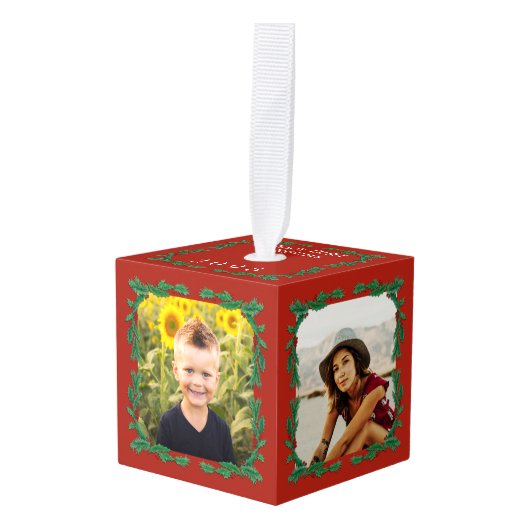 ホリーリースフレーム付きキューブフォトオーナメント キューブオーナメント (正面アングル)