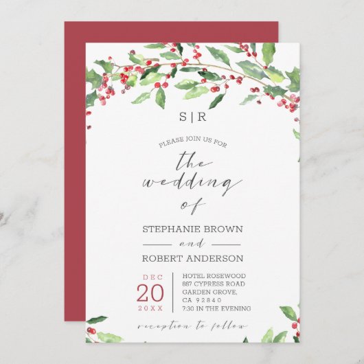 ホリーリースホリモノグラムのデ結婚ィカード 招待状 (正面/裏面)