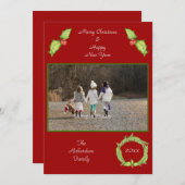 ホリーリースレッドグリーンパーソナライズされた写真 シーズンカード (正面/裏面)
