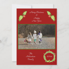 ホリーリースレッドグリーンパーソナライズされた写真 シーズンカード