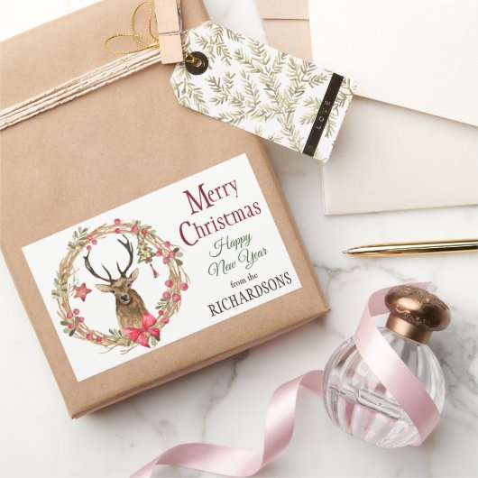 ホリーリースレッドボウトナディースクリスマス 長方形シール (ギフト)
