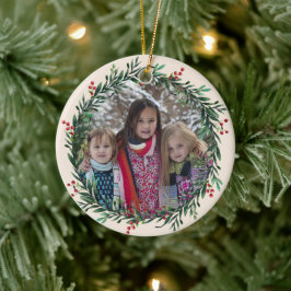 ホリーリース自分の写真を追加するクリスマス セラミックオーナメント