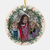 ホリーリース自分の写真を追加するクリスマス セラミックオーナメント (正面)