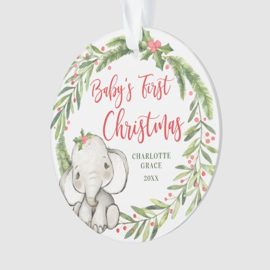 ホリーリース象ベビーの初めてのクリスマス写真 オーナメント (正面)