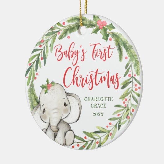 ホリーリース象ベビーの初めてのクリスマス写真 セラミックオーナメント (左)