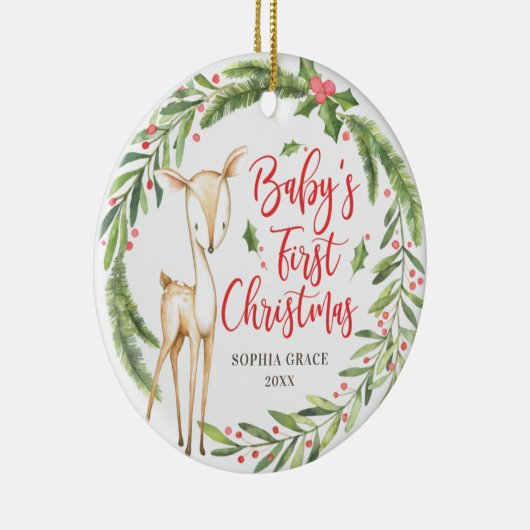 ホリーリース鹿ベビーの初めてのクリスマス写真 セラミックオーナメント (右)