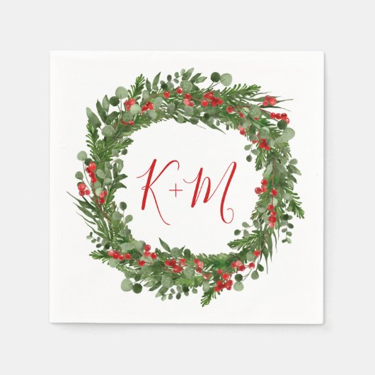 ホリーレッドベリークリスマスリース結婚ズモノグラム スタンダードカクテルナプキン (正面)