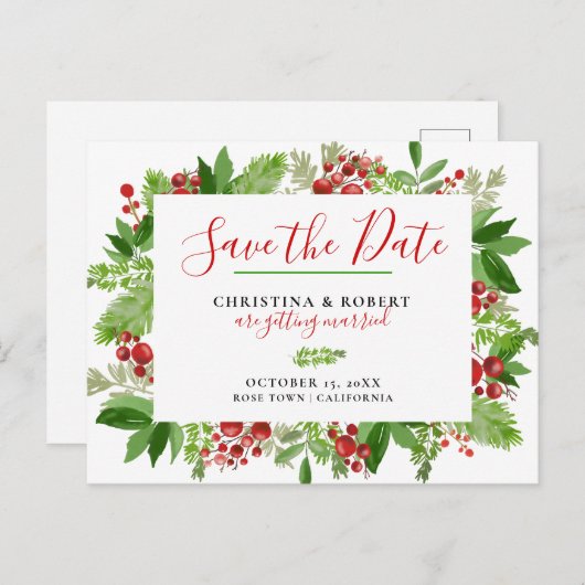 ホリーレッドベリークリスマモダンス|日付を保存 案内ポストカード (正面/裏面)