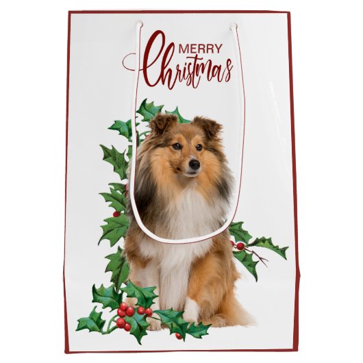 ホリーレッドベリーシェットランドシェプドッグクリスマス ミディアムペーパーバッグ (裏面)