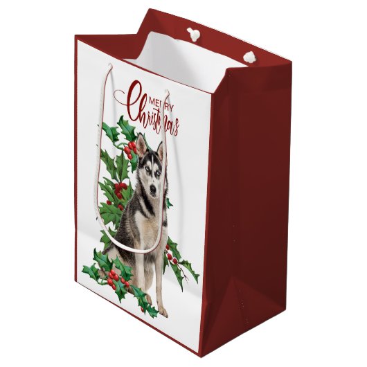 ホリーレッドベリーシベリアハスキードッグクリスマス ミディアムペーパーバッグ (正面アングル)