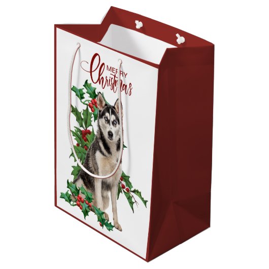 ホリーレッドベリーシベリアハスキードッグクリスマス ミディアムペーパーバッグ (裏面アングル)