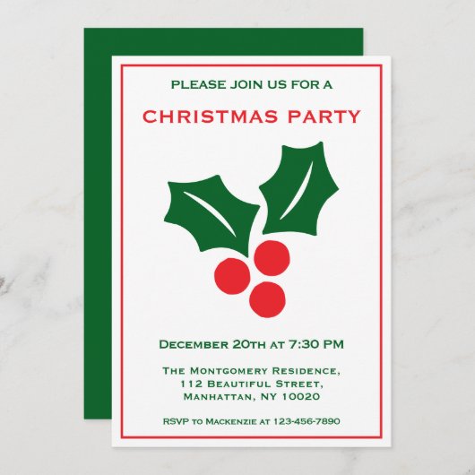 ホリーレッドホワイトとグリーンネームおもしろいクリスマスパーティー 招待状 (正面/裏面)