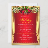 ホリーレッド金ゴールドシルククリスマスホリデーパーティー 招待状 (正面)