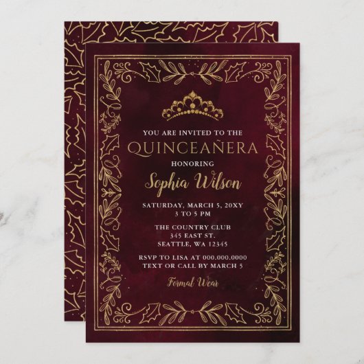 ホリーレッド金ゴールドプリンセスティアラキンセアニラ 招待状 (正面/裏面)